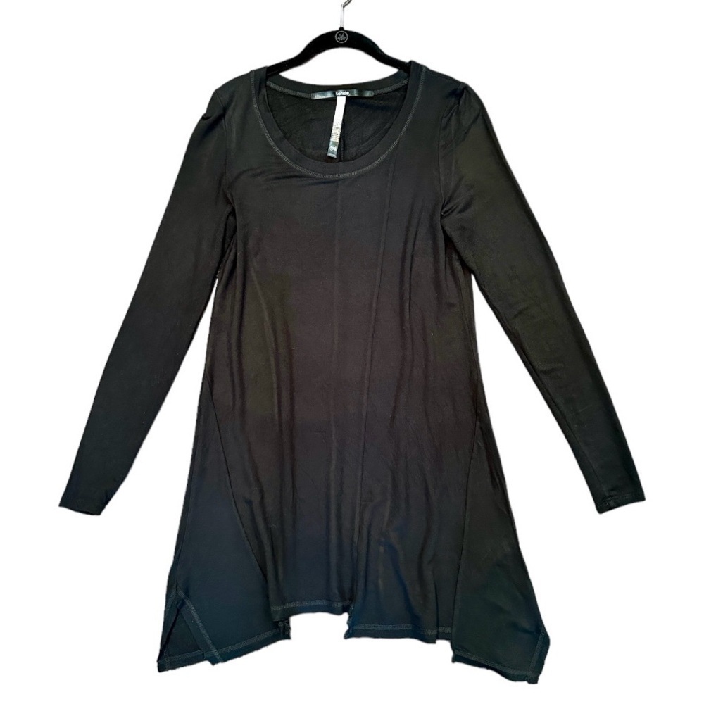 KENSIE, BLACK, LONG SLEEVE, STRETCHY DRESS WITH SCOOP NECK, FLOWY SKIRT. SIZE M